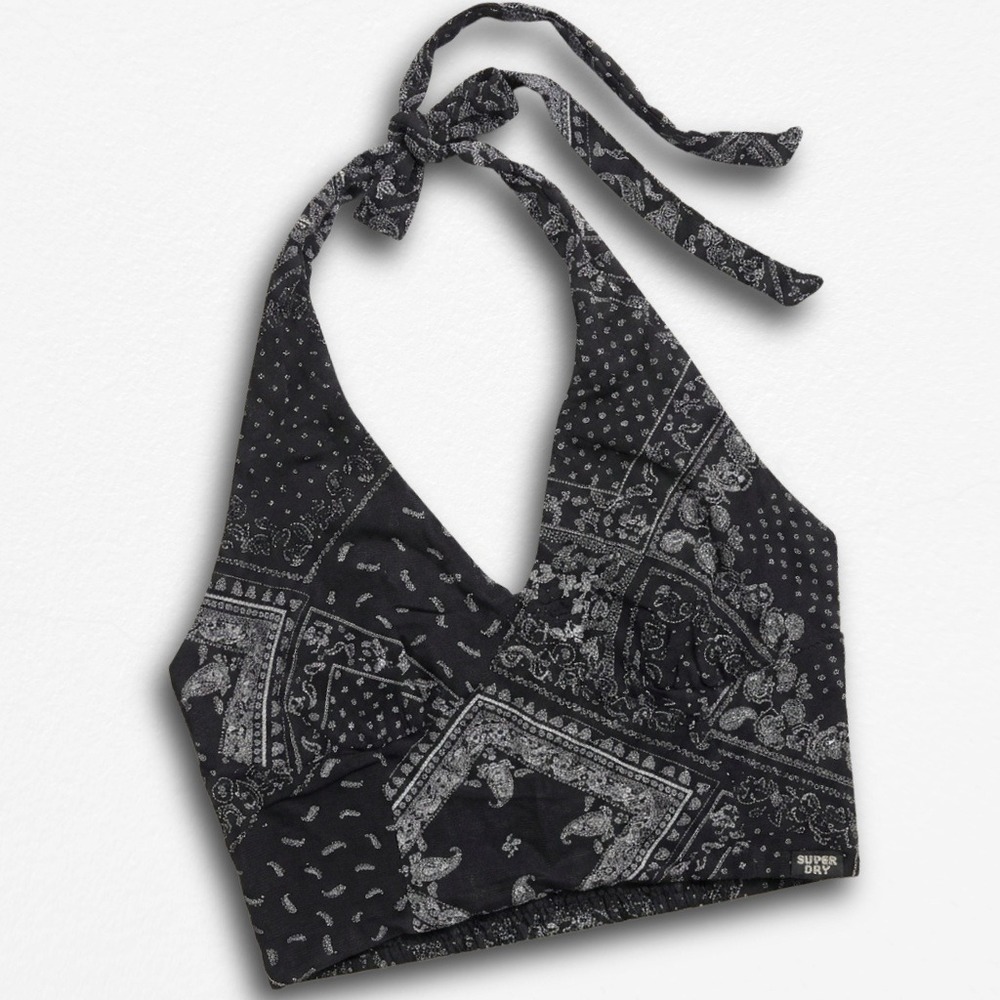 Superdry Womens Black Bandana Paisley Halter Neck Crop Top Size 6 Boho Patchwork